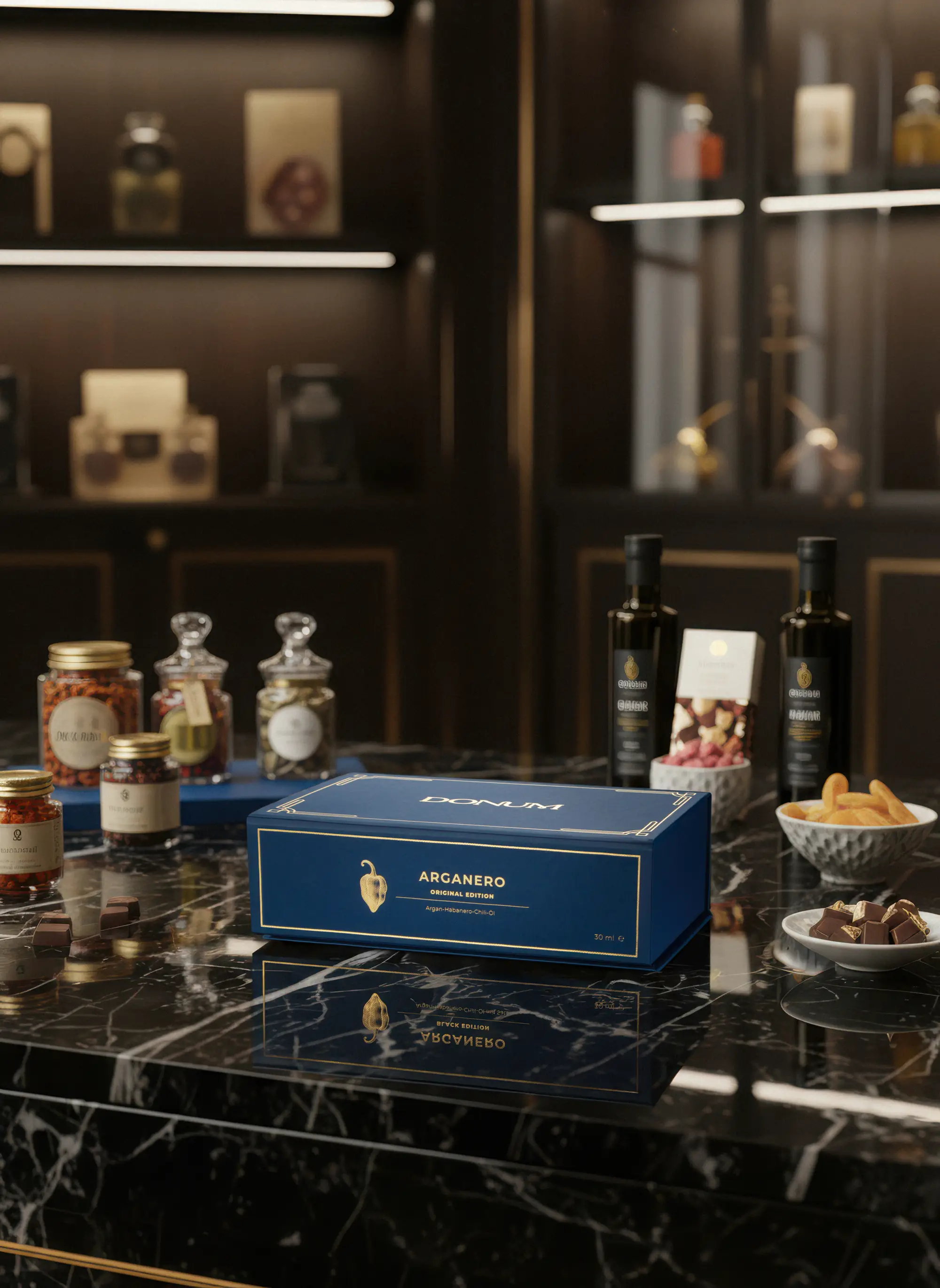The DONUM gift box in a boutique with illuminated wall displays